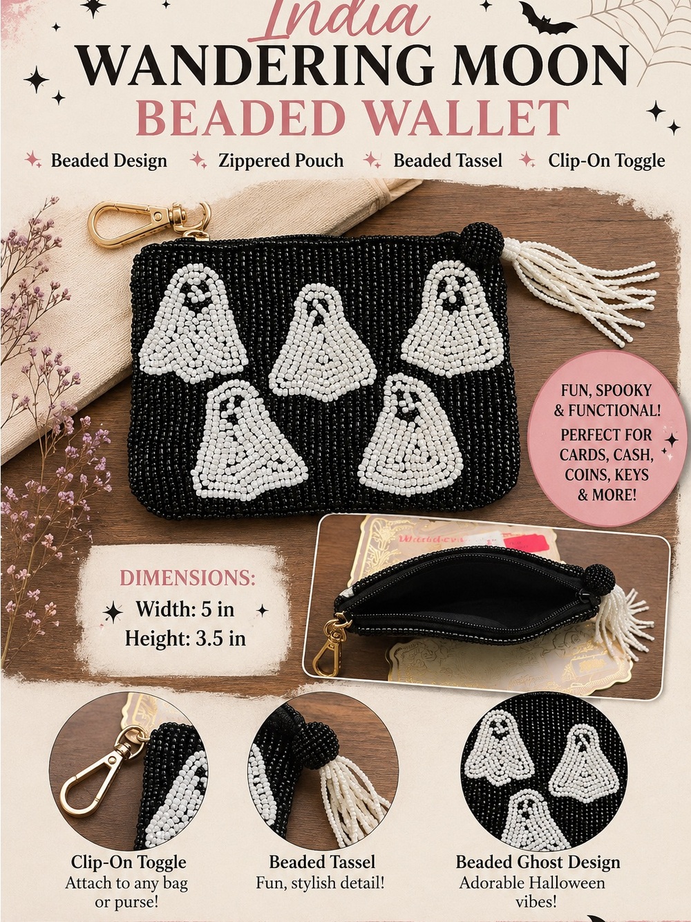 Wandering Moon Beaded Wallet - Black with White Ghosts